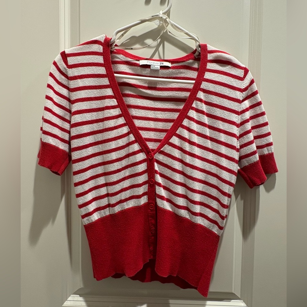 Forever 21 Red and White Button-Up Cardigan